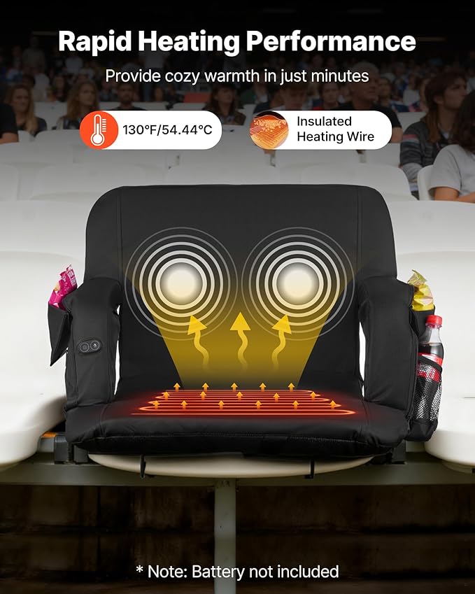 VEVOR Stadium Seat, 25 inch Heated Stadium Chair, Bleacher Seat Heated with 4 Pockets for Bleachers, 3 Level Heating & 6 Modes Vibration Portable Heating Stadiums Chair for Camping, Sports Events