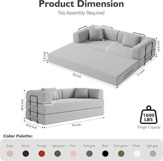 79 Inch 5-in-1 Convertible Sofa Bed, Corduroy Boneless Floor Couch with Fixed Frame & Pillow, Modular Folding Mattress Lounger for Small Space, Living Room, Bedroom - Easy Assembly(Light Gray)