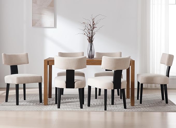 RIVOVA Upholstered Dining Chairs Set of 6 Modern Wooden Kitchen Chairs Fabric Side Dining Room Chair Farmhouse Dinner Chair, Beige