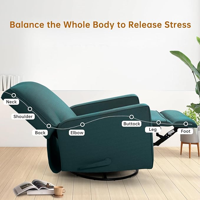 KeyEnergy Swivel Rocker Recliner Chair for Adults, High Back Fabric Recliner with Deep Seat, Manual Glider for Living Room & Nursery, Green