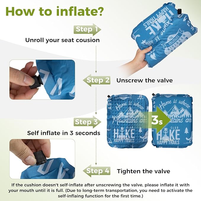 ATEPA Inflatable Seat Cushion, Self-Inflating Portable Stadium Airplane Travel Foam Cushion Pad for Camping, Sports Events, Outdoor