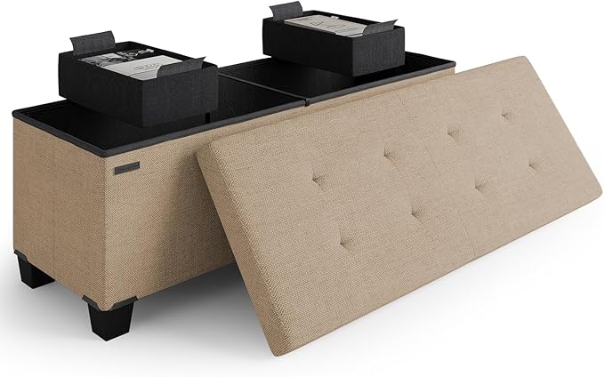 STORAGEBUD Storage Ottoman Bench with Bins, 43-in Storage Bench for Bedroom End of Bed, Folding Foot Rest Ottoman for Living Room Max 660lbs, Fabric Ottomans, Taupe