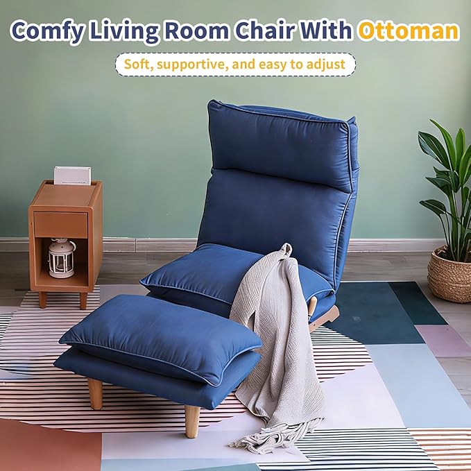 Dark Blue Lazy Floor Lounger with Ottoman, Adjustable Floor Chair Bean Bag Style Tatami Sofa with Thick Cushions and Back Support, Comfy Lounge Seating for Adults, Gaming & Bedroom Relaxation