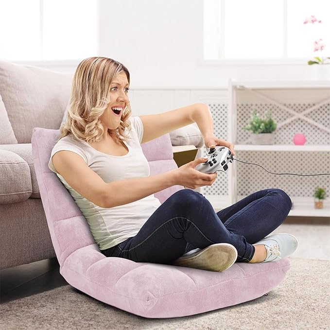 KOMFOTT 14-Position Adjustable Floor Chair with Back Support - Folding Padded Gaming Sofa Chair for Reading, Meditation, Living Room Lazy Lounge, Video Gaming - Light Pink