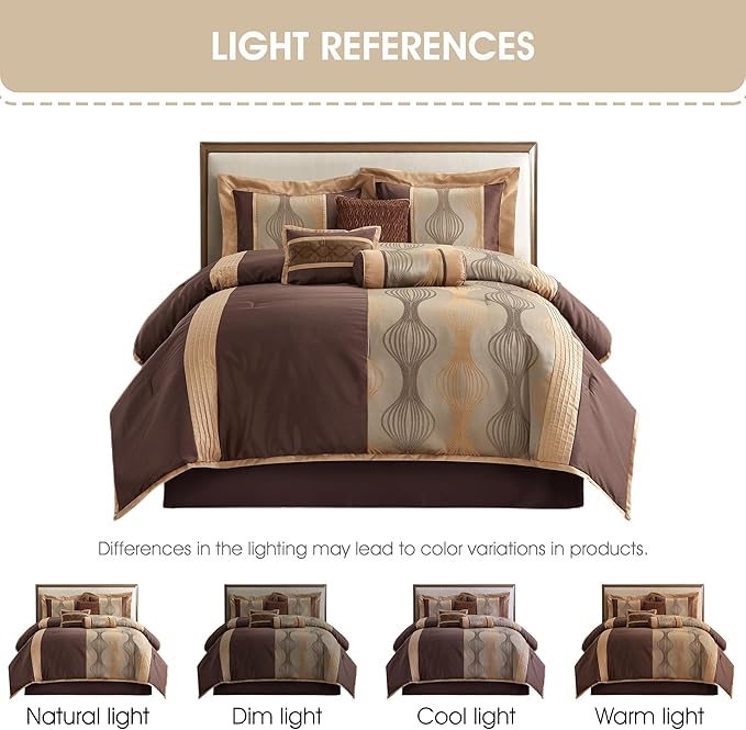 Grand Avenue Elegant Brown Comforter Set King, Striped,7 Piece Bed in a Bag, Jacquard Bedding Set All Season, Matching Decorative Pillows, Pillow Sham
