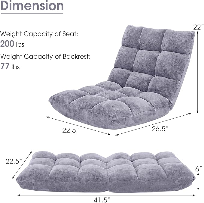 COSTWAY Floor Chair, Video Gaming Chairs with Back Support, Adjustable 14-Position, Alloy Steel Frame, Soft Coral Fleece, Lazy Sofa Lounge for Reading Living Room Recliner for Adults Kids, Grey