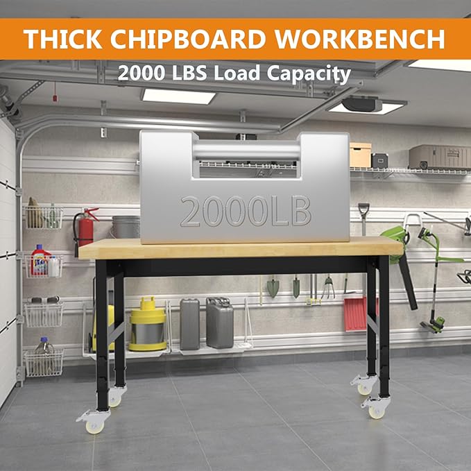 48" Heavy Duty Work Bench with Drawers, Adjustable Height Workbench with Wheels, 2000 LBS Capacity Work Table with Power Outlets for Garage, Workshop, Office, Home