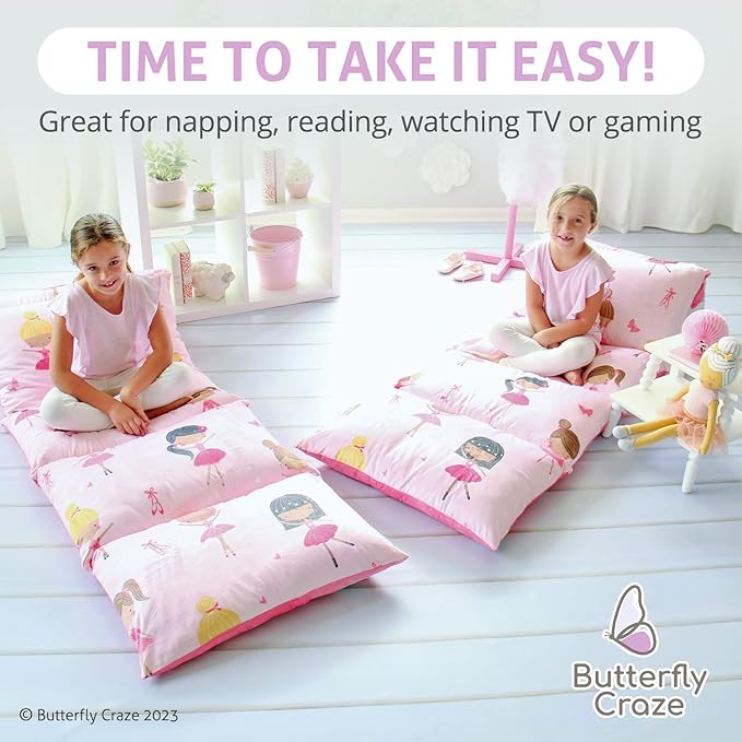 Butterfly Craze Floor Lounger Cover - Machine Washable Floor Mattress Cover - Versatile Seating & Sleeping Pad Alternative - Guest Bed Option for Sleepovers - King Size, Pink Ballerina