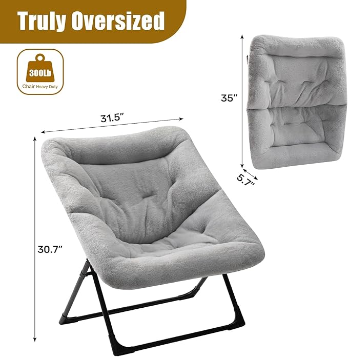 HollyHOME X-Large Saucer Chair, Comfy Oversized Folding Chair, Faux-Fur Reading Chair for Teens, Adults, Foldable Accent Lazy Chair, Metal Frame Lounge Chair for Living Room, Bedroom, Dorm, Grey