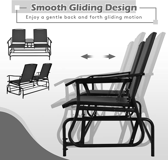 S AFSTAR 2-Person Outdoor Glider, Patio Glider Bench Chairs with Center Tempered Glass Table & Breathable Loveseat, Double Swing Glider Chair for Porch Garden Poolside Balcony Lawn (Black)