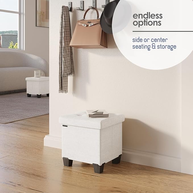 Storage Ottoman Cube with Small Bin, 16-in Square Ottoman with Storage for Living Room and Bedroom, Small Ottomans Foot Rest, Fabric Foot Stools Ottomans Max 330lbs, Cream