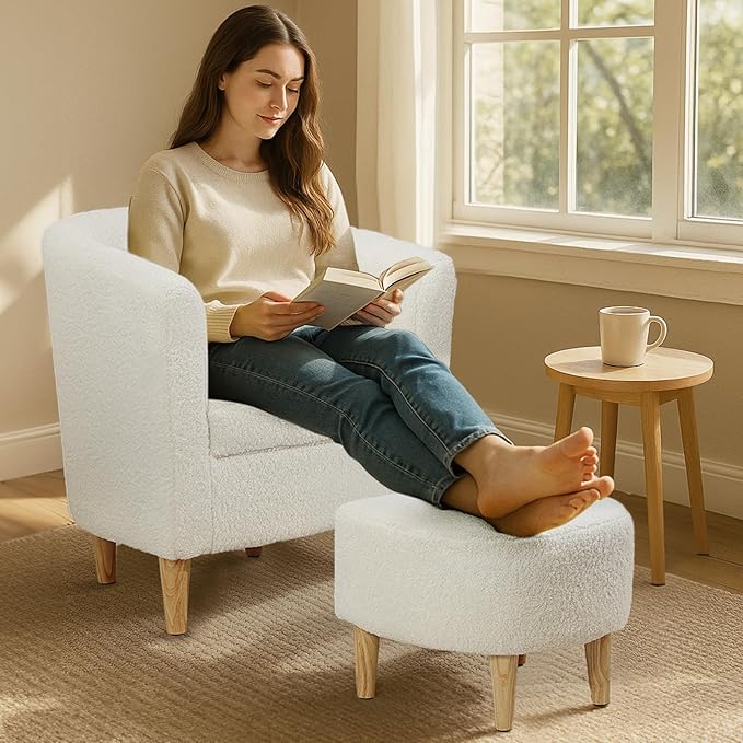 DAZONE Sherpa Accent Chair with Ottoman, White Fluffy Teddy Barrel Armchair for Cozy Living Room, Small Comfy Chairs for Bedroom, Reading Corner
