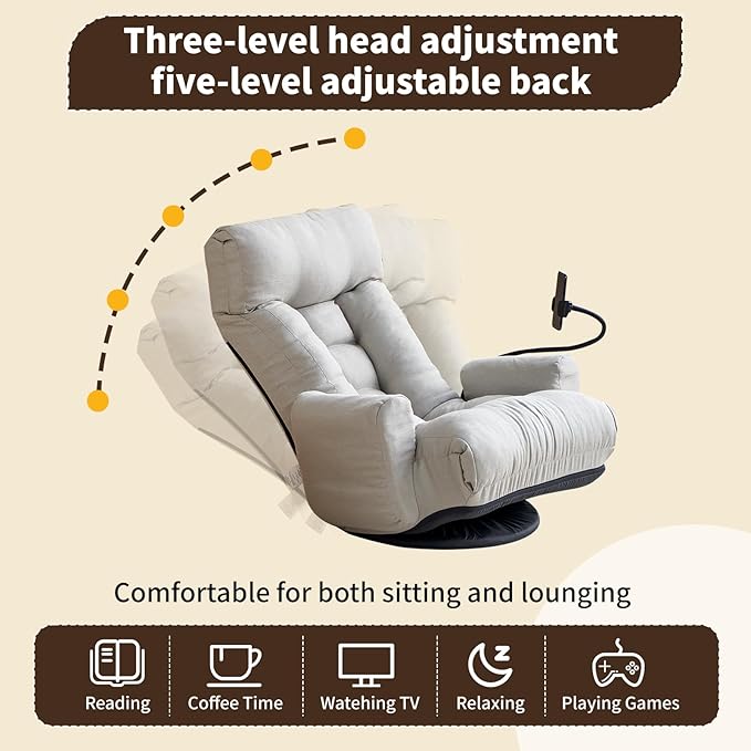 Swivel Lazy Floor Chair, Adjustable Reclining Floor Lounger with Head & Back Support and Phone Holder, Comfy Tatami Sofa Seat for Adults Bedroom & Gaming