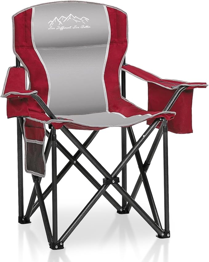 SAILARY Folding Camping Chair Portable Outdoor Heavy Duty Padded Chairs Lawn Chair with Cup Holder, Storage Pocket and Cooler Bag, Supports 450LBS Red