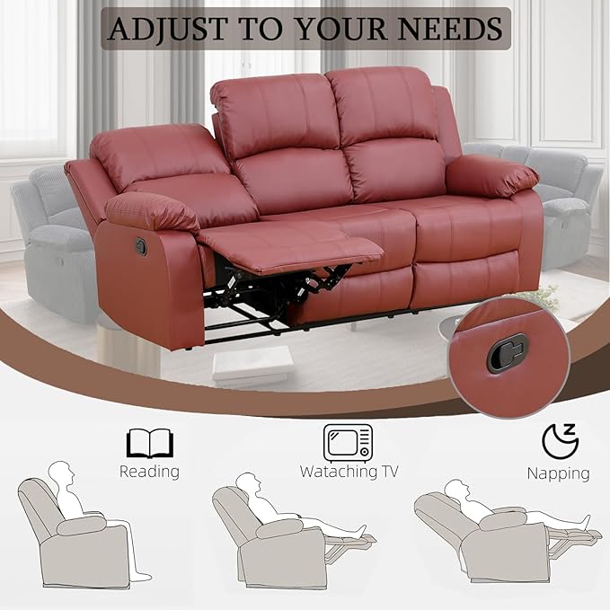 Caberryne Leather Recliner Sofa，Reclining Sofa for Living Room Furniture Sets，Red Wall Hugger Recliner Couch with Cupholder for Living Room/Office/Theater Seating(3 Seater Sofa)