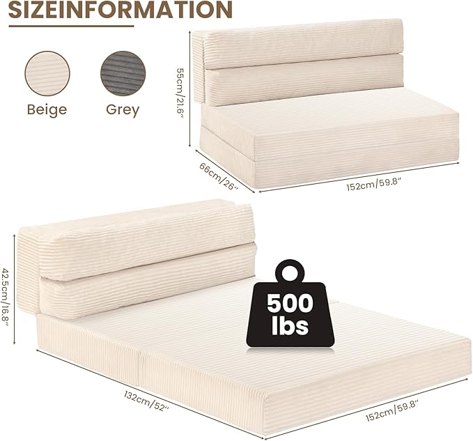 Folding Sofa Bed, Convertible Sleeper Chair with Pilow Foldable Matress, 2 in 1 Pull Out Loveseat Sofa Portable Fold Out Chair Bed Floor Couch Lounge for Living Room Bedroom (Beige, Queen)