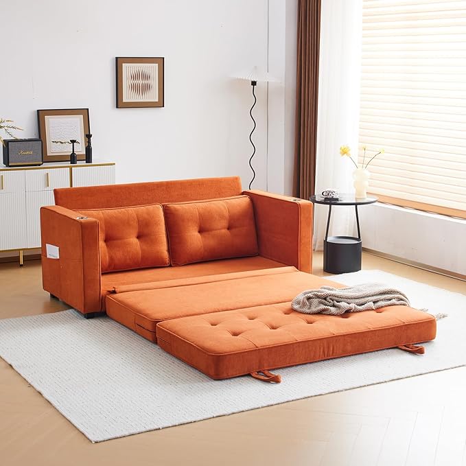 VINGLI Sofa Bed Full Size Pull Out Couch Bed Burnt Orange Futon Couch 64" W 84" L Loveseat Sleeper Floor Couches for Living Room Convertible Loveseat Sofa Foldable Sofa Bed