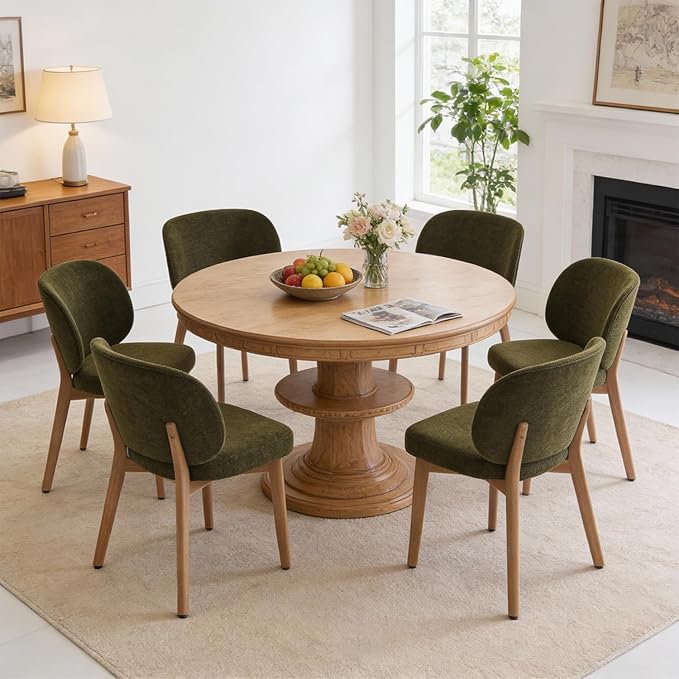 YOUNUOKE Boucle Dining Chairs Set of 6, Mid Century Modern Chenille Dining Room Chair with Soild Wood Legs, Upholstered Widen Backrest Comfy Armless Side Kitchen Chairs, Green