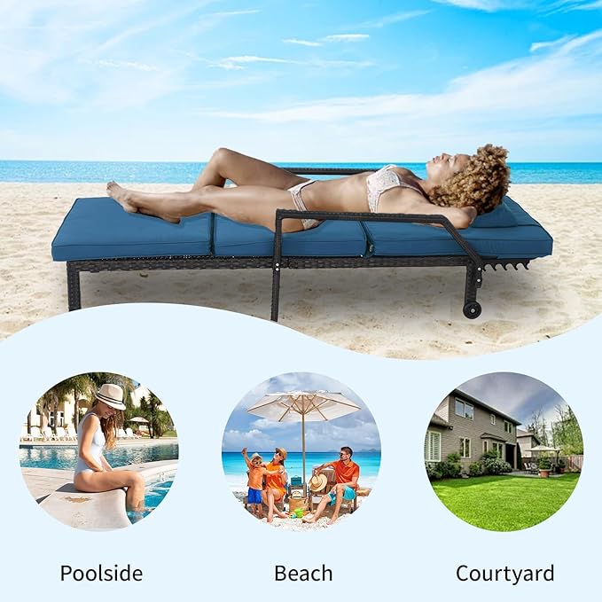 Patio Chaise Lounge Set – Adjustable Outdoor Lounge Chairs with Cushions & Headrest – All-Weather Rattan Reclining Lounge Chairs for Poolside, Garden, and Patio (2 Pcs, Light Blue)