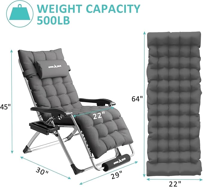 Amopatio Oversized Folding Zero Gravity Chair with Cushion for Indoor & Outdoor, XL Heavy Duty Patio Reclining Lounge Chairs with Tray/Footrest/Headrest