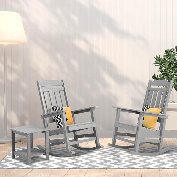 hOmeQomi Rocking Chairs Set of 4, All Weather Resistant Poly Lumber Outdoor Porch Rocker, Rocking Chairs for Outdoor, Indoor, Patio, Deck, Garden, Backyard, Load Bearing 380 lbs - Grey