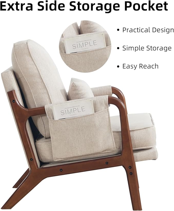 CANMOV Accent Chairs Set of 2, Mid Century Modern Chair with Extra Side Storage Pocket Upholstered Reading Armchair with Waist Cushion, Accent Chair for Living Room Bedroom, Easy Assembly, Beige