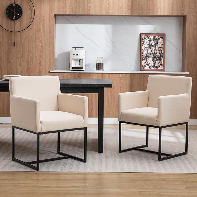 BESTANO Linen Upholstered Dining Chairs with Arms Set of 6 Mid Century Modern Accent Chairs Armchairs with Black Metal Frame, Modern Kitchen & Dining Room Chairs, Cream