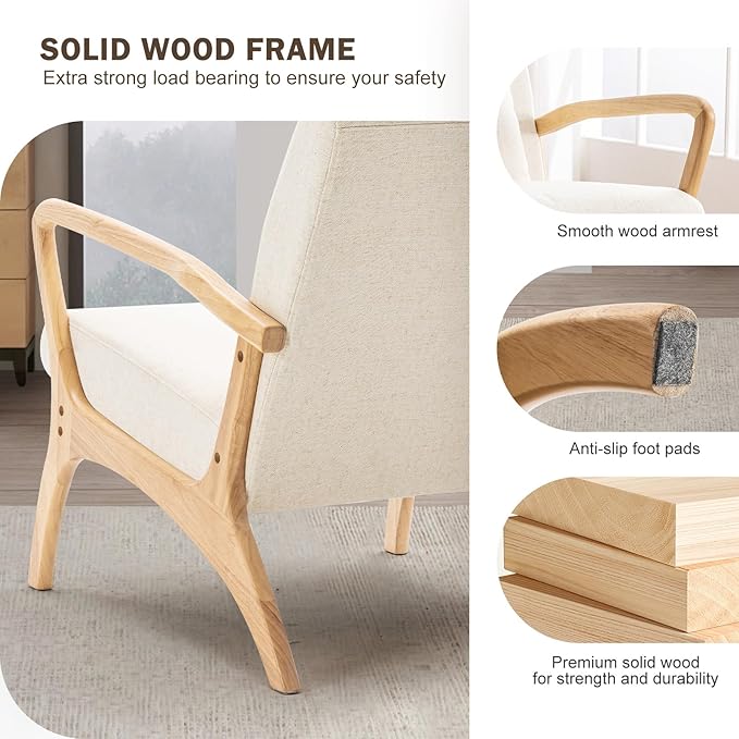 ELUCHANG Accent Chair Mid-Century Modern Chair with Lumbar Pillow, Upholstered Armchair Premium Linen Fabric Comfy Reading Chair, Lounge Side Chair for Living Room Bedroom Sunroom Apartment, Set of 2