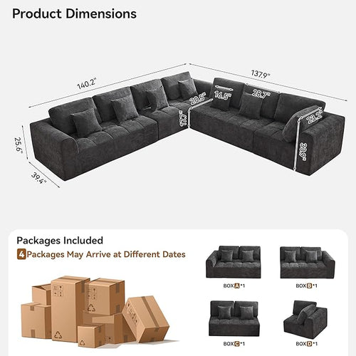 140''Cloud Boneless Couches for Living Room, Modular Sectional Compressed Sectional Sofa, Oversized L Shaped 7 Seater Upholstered Memory Foam Sofa, No Assembly, Chenille Grey