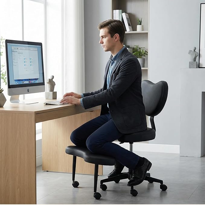 Ergonomic Cross Legged Chair, Meditation Chair Plus with 360° Swivel Wheels for ADHD/Fidgety Sitters, Height Adjustable & Lumbar Support, Black PU, Chic Home Office Furniture