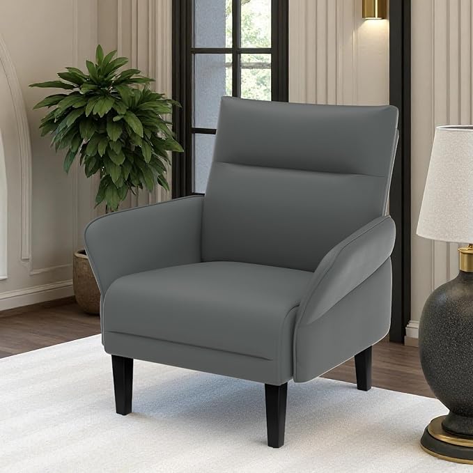 Modern Faux Leather Accent Sofa, Slanted Shawl Armchair with Wide Armrests & Wooden Legs, Gray Sofa Chair for Living Room, Bedroom, Office