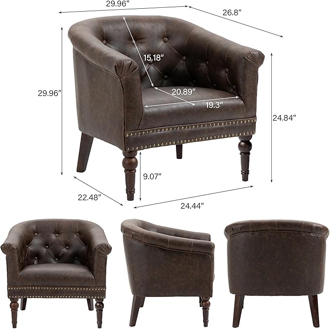 DREAMSIDEA Accent Chair, Upholstered Faux Leather Barrel Chair with Nailed Trim, Comfy Club Armchair for Reading Living Room Bedroom Waiting Room-Chocolate, Set of 1