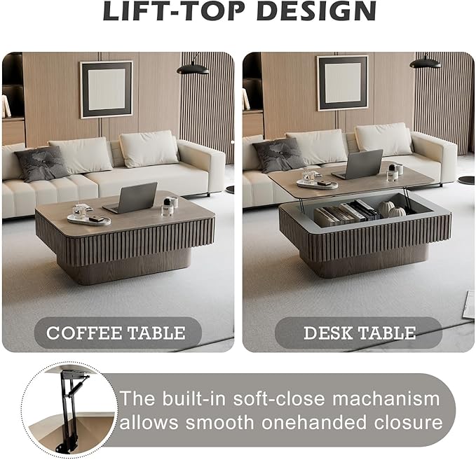 FGXJY Lift Coffee Table with Storage & Adjustable Height, Rectangle Solid Wood Coffee Table Fluted Center Table Accent Tea Table or Living Room, Apartment, Office (38.6" Grey)