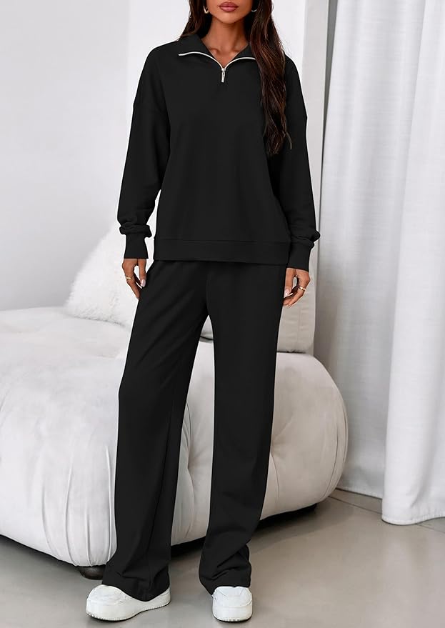 PRETTYGARDEN Womens Casual Two Piece Sets Fall 2026 Outfits Quarter Zip Sweatshirts Straight Leg Pants Sweatsuits Tracksuit
