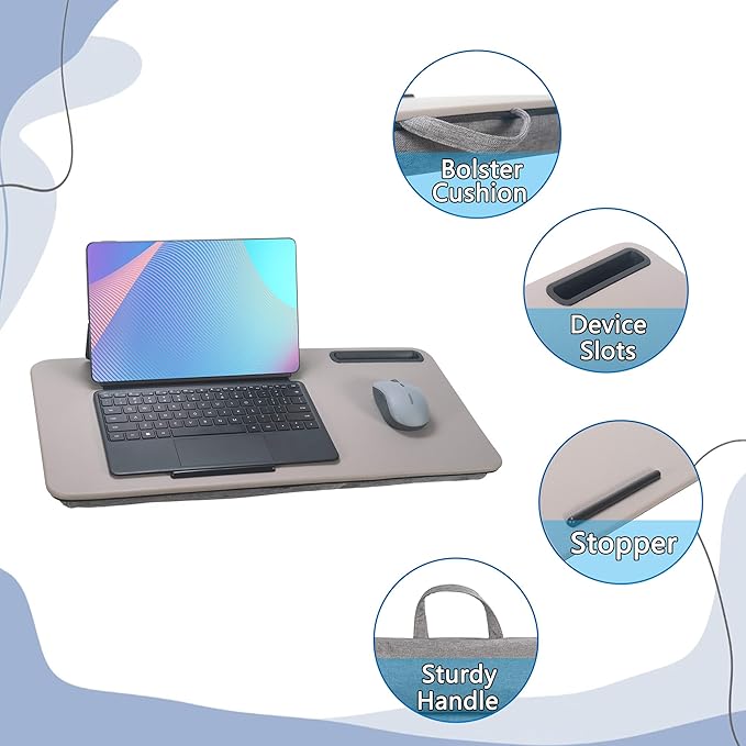 Portable Laptop Desk Fits Up to 16“ Laptops, with Tablet Slot, Built-in Cushion, Great for Home & Office,Lap Desk for Laptop,Lap Desk with Cushion (Gray, Large)