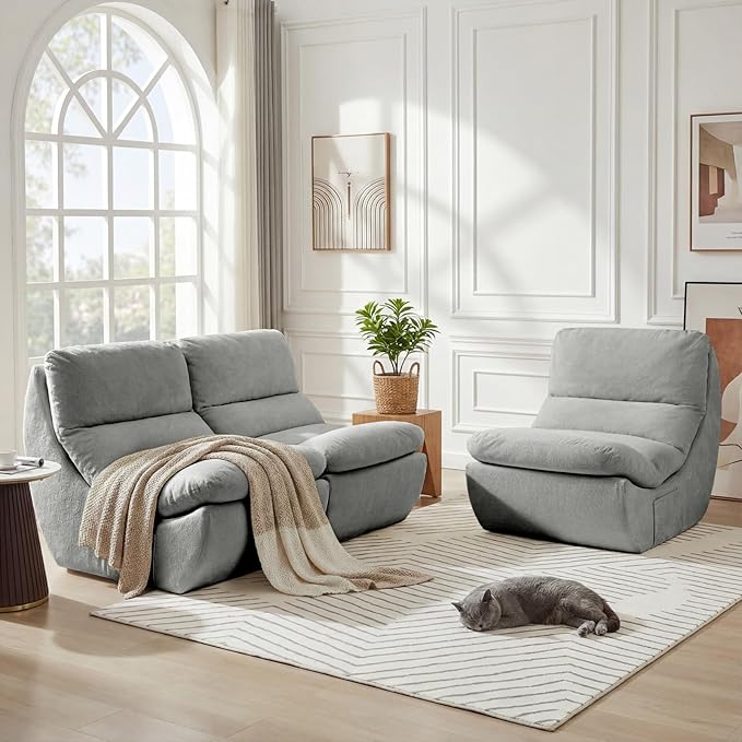 Set of 3 Giant Bean Bag Chairs for Adults, Boneless Lounge Chair, Togo Sofa, Fireside Chair, Anti Cat Scratch Fabric with Machine Washable, Single Sofa for Bedroom, Living Room, Reading Corner (Grey)