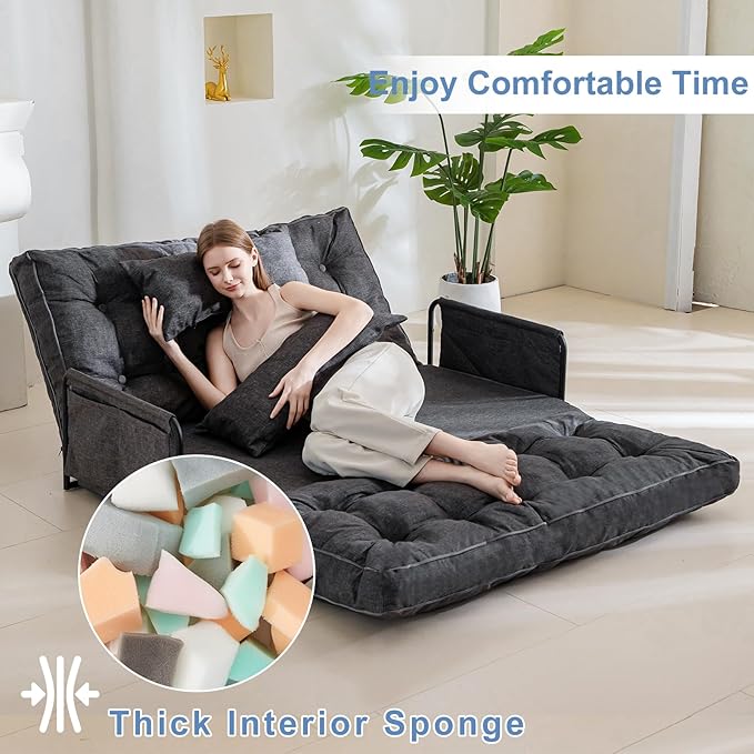 YOSHOOT Adjustable Lazy Floor Sofa, Folding Couch Bed with 5 Positions Adjustable Backrest, Convertible Bean Bag Sofa Bed Couch Foldable Sleeper Chair with Pillow for Reading Gaming（Grey, Full）