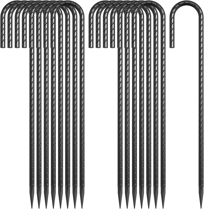 OK5STAR J Hook Rebar Stakes 12 Inch 16 Pack, 5/16 Inch Diameter Heavy Duty Steel Tent Stakes, Black E-Coated Anti-Rust Ground Anchors for Fencing, Tarp, Outdoor Decorations, Inflatables, Bounce House