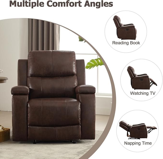 CANMOV Leather Recliner Chair Set of 2, Classic and Traditional Manual Recliner Chair with Overstuffed Arms and Back, Manual Single Sofa with Concealed Cup Holders,Red Brown