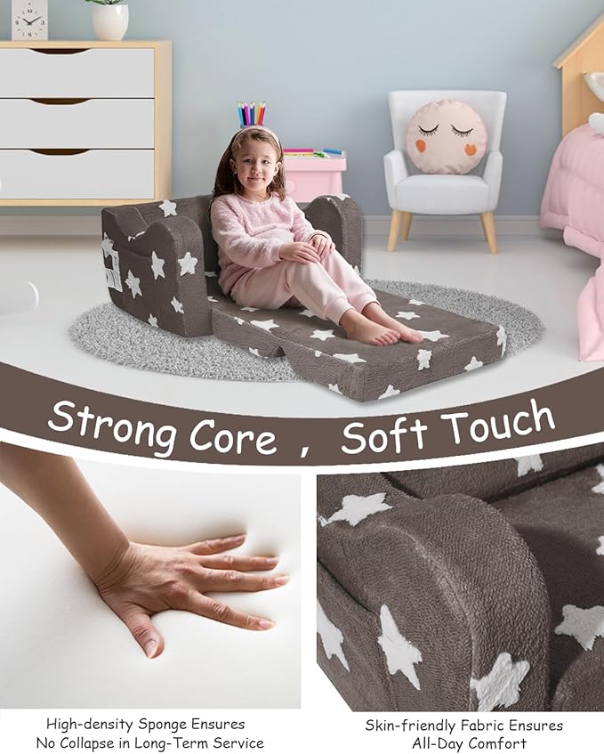 Toddler Couch, Kids Couch for Toddler Fold Out, 2-in-1 Convertible Kid Sofa to Lounger Bed for Girls and Boys, Ideal for Reading Sleeping Gaming Decor (Brown)