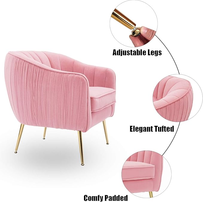 Altrobene Velvet Accent Chair, Modern Barrel Arm Chair for Living Room Bedroom with Gold Finished Legs, Blush Pink