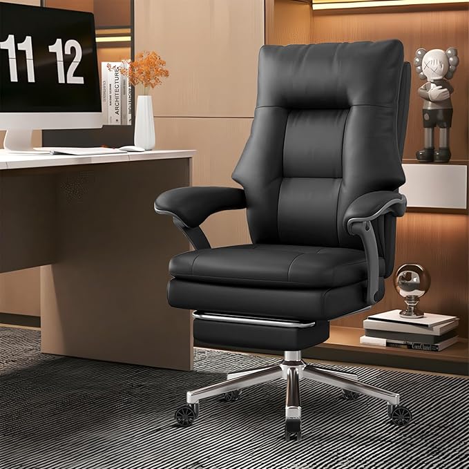 WXJHL Big and Tall Office Chair 600 lbs Wide Seat, Leather High Back Executive Office Chair with Leg Rest, Ergonomic Desk Chairs with Lumbar Support for Home Office, Black