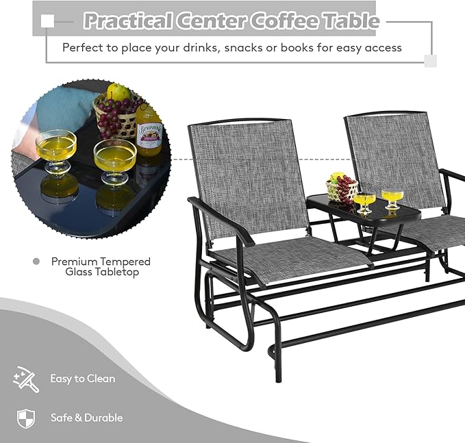 S AFSTAR 2-Person Outdoor Glider, Patio Glider Bench Chairs with Center Tempered Glass Table & Breathable Loveseat, Double Swing Glider Chair for Porch Garden Poolside Balcony Lawn (Gray)