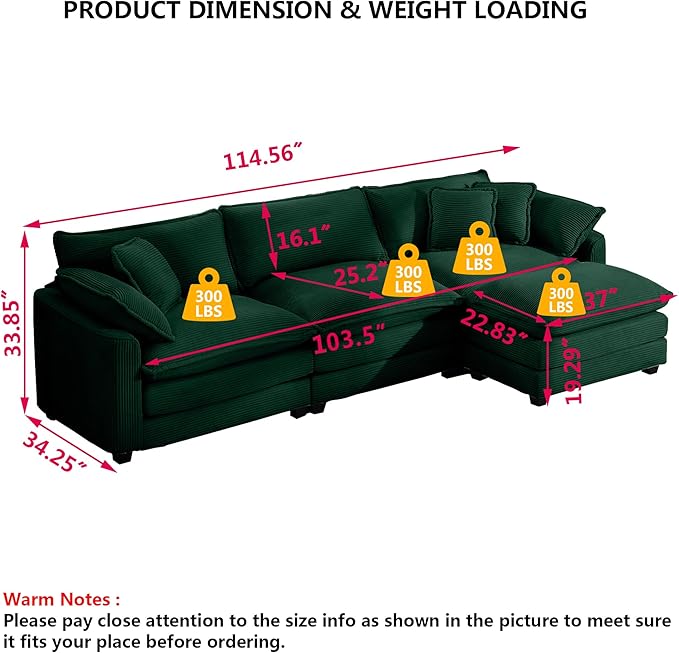Aoowow Corduroy 3 Seater Cloud Couch with Ottoman,Modern Cloud Couches for Living Room,Modular Sectional Cloud Sofas with Deep Seat,Oversized Tufted L-Shaped Sofa Set. (Green, 3 Seater + 1 Ottoman)