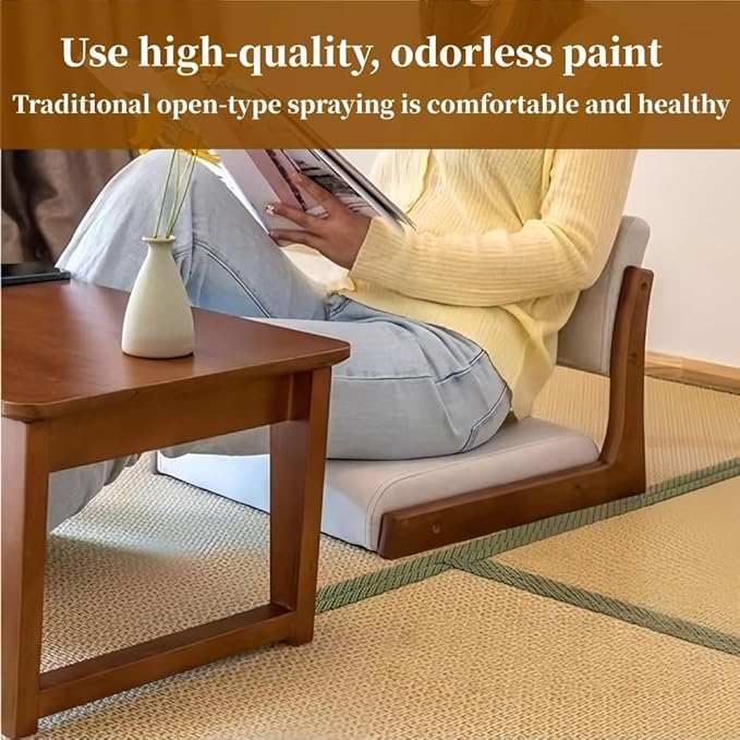 Japanese Style Legless Floor Chair with Back Support, Wooden Tatami Meditation Chair with Cushion, Low Sofa Floor Seat for Living Room, Bedroom, Bay Window(Linen 3)