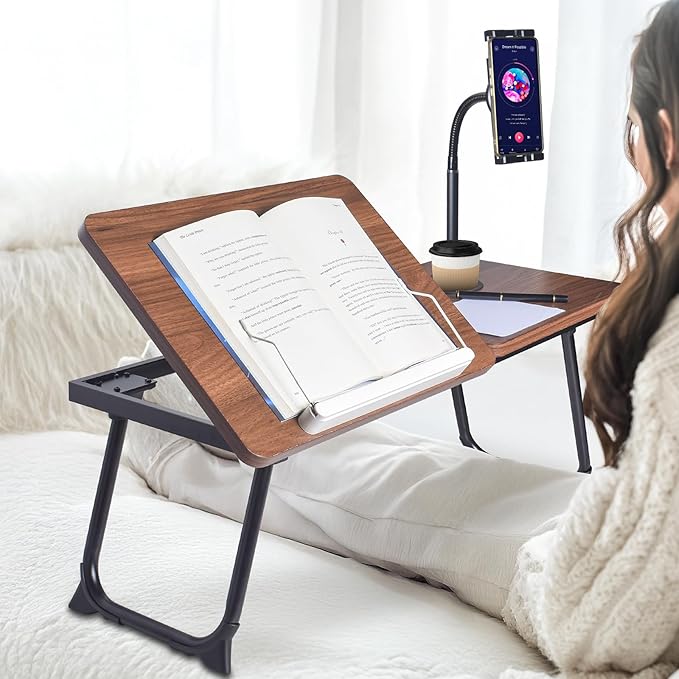 wishacc 28.7" Extra Large Adjustable Laptop Desk Stand with Phone Mount, Wooden Desktop, Portable Design
