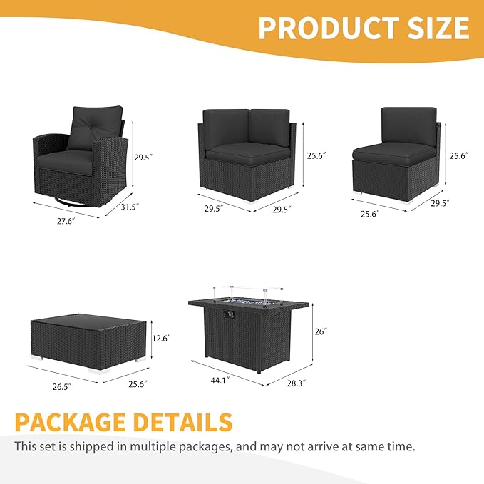 LayinSun 12 Pieces Patio Furniture Set with Fire Pit Table, Black Rattan Modular Sectional Outdoor Conversation Sofa Set, Swivel Rocking Chairs Set