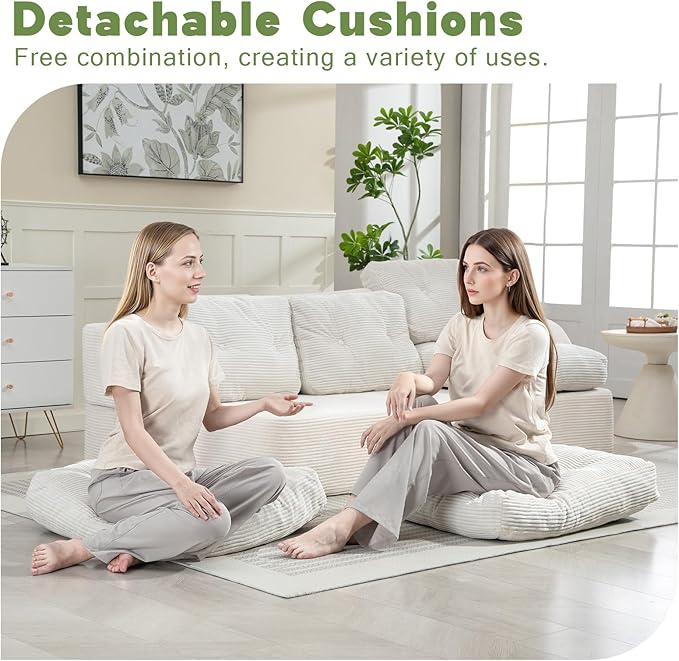 MeMoreCool Cloud Couch – 3-Seater Convertible Sofa Bed, Tufted Cushion, Corduroy, No Assembly, Beige Compact Floor Sofa | Foldable Boneless Design | Comfy Sleeper for Living Room & Small Spaces