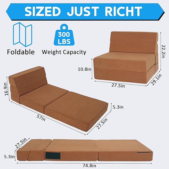 Folding Sofa Bed with Backrest 4 in 1 Convertible Sleeper Chair Memory Foam Fold Out Chair Bed Foldable Mattress Portable Floor Futon Sofa Couch for Living Room/Dorm/Guest Room/Home Office