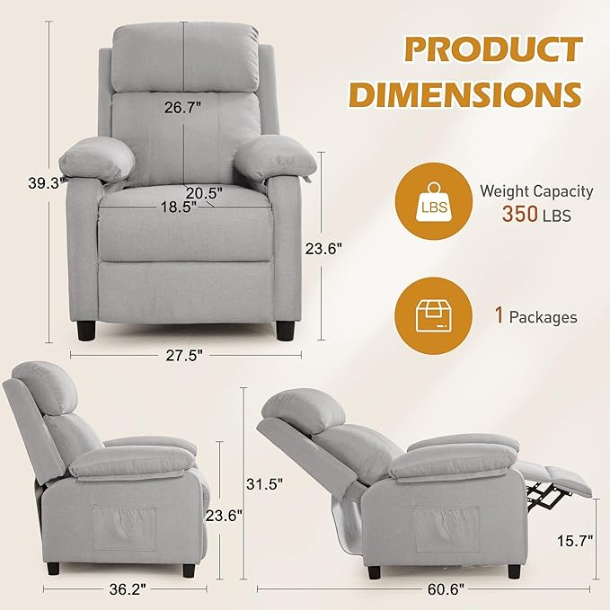 Recliner Chair, Living Room Chairs for Adults, Padded Deep Seat Reading Chair with Side Pockets, Small Recliners for Small Spaces, Lounge Chair for Living Room, Bedroom, and RV (Linen)